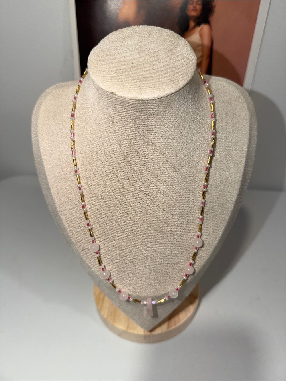 Genuine Rose Quartz Pink Gold Tones Necklace